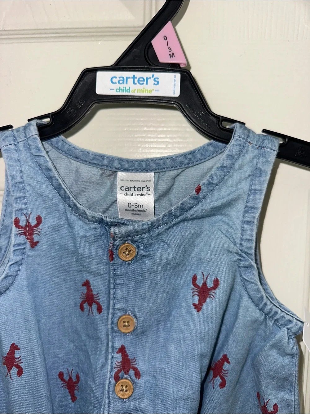 Carter's Light Blue Chambray Romper with Red Lobster Motif